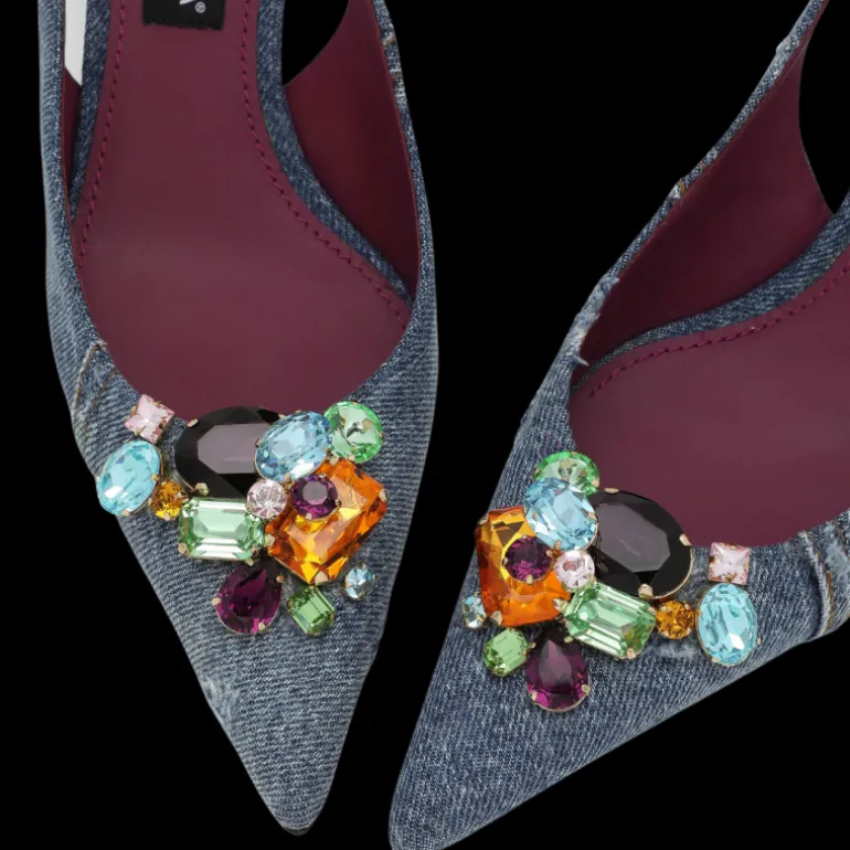 Slingback DOLCE & GABBANA denim patchwork ornements cristaux multicolore