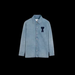 Surchemise AMI Paris coton denim bleu indigo délavé patch cœur maille