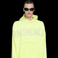 Sweat à capuche BALENCIAGA Tape Type Ripped Pocket Large Fit polaire bouclée jaune fluo