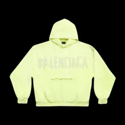 Sweat à capuche BALENCIAGA Tape Type Ripped Pocket Large Fit polaire bouclée jaune fluo