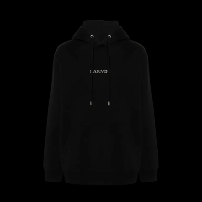 sweat à capuche LANVIN coton noir logo brodé argent