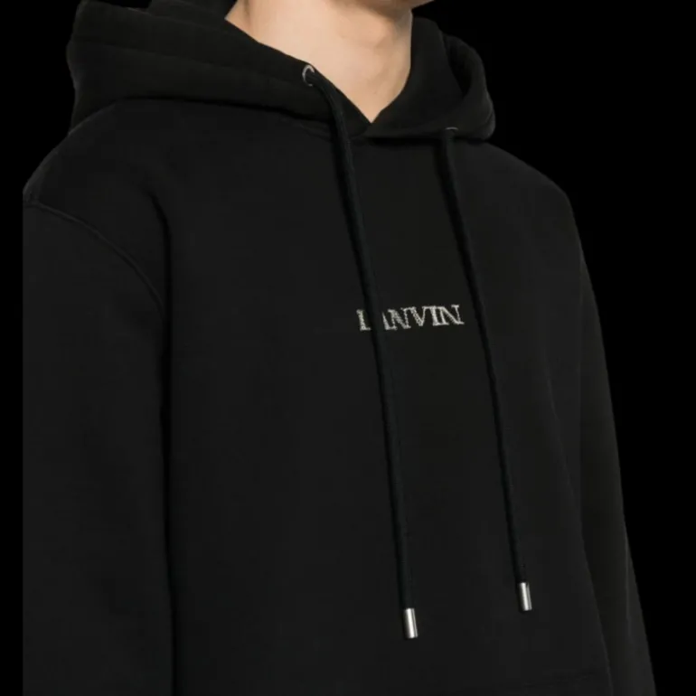sweat à capuche LANVIN coton noir logo brodé argent