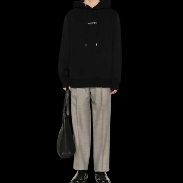 sweat à capuche LANVIN coton noir logo brodé argent