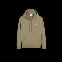 Sweat-shirt à capuche AMI Paris Hoodie coton molleton kaki cœur blanc