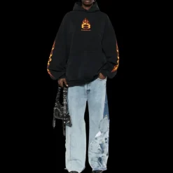 Sweat-shirt à capuche BALENCIAGA Burning Unity coton noir flamme orange