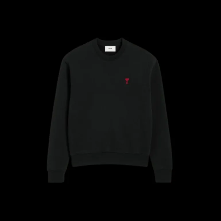 Sweatshirt AMI col rond molleton coton bio non gratté noir logo cœur rouge