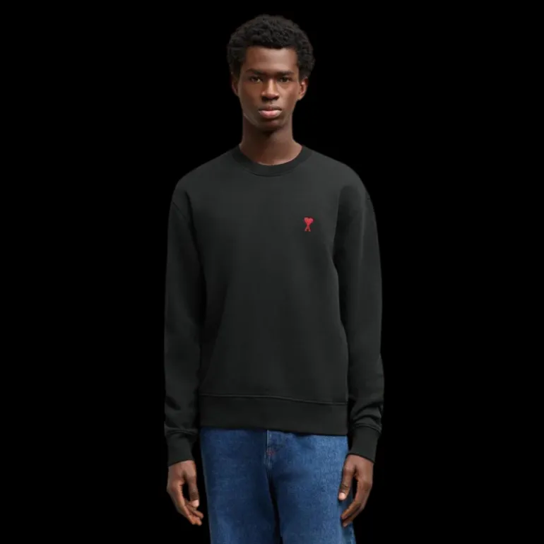 Sweatshirt AMI col rond molleton coton bio non gratté noir logo cœur rouge