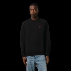 Sweat-shirt AMI Paris col rond coton noir broderie cœur rouge