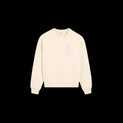 Sweatshirt AMI Paris col rond coton bio molleton épais écru patch cœur maille