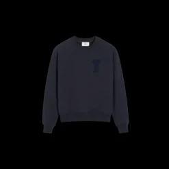 Sweatshirt AMI Paris col rond coton bio molleton épais bleu marine patch cœur maille