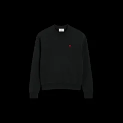 Sweat-shirt AMI Paris col rond coton noir broderie cœur rouge