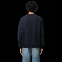 Sweatshirt AMI Paris col rond coton bio molleton épais bleu marine patch cœur maille