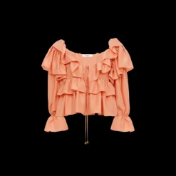 Top blouse à volants CHLOE court fluide popeline de soie corail