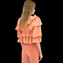 Top blouse à volants CHLOE court fluide popeline de soie corail