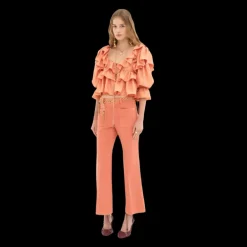 Top blouse à volants CHLOE court fluide popeline de soie corail