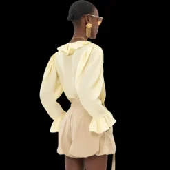 Top Blouse fluide CHLOE col V volants soie habotai jaune