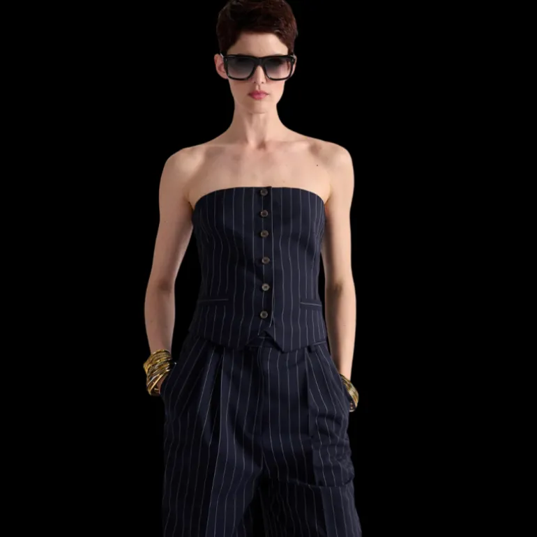 Top bustier boutons BARBARA BUI laine bleu marine rayures