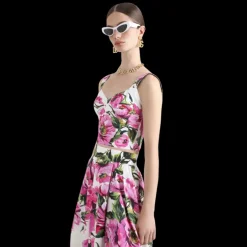 Top corset DOLCE & GABBANA popeline de coton imprimé pivoine rose