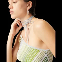 Top haut MISSONI asymétrique lien cou viscose lamé argent rayure vert bleu paillettes