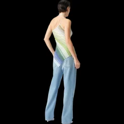 Top haut MISSONI asymétrique lien cou viscose lamé argent rayure vert bleu paillettes