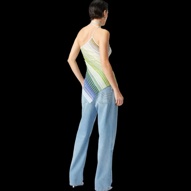 Top haut MISSONI asymétrique lien cou viscose lamé argent rayure vert bleu paillettes