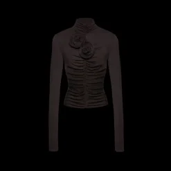 Top manches longues MAGDA BUTRYM col montant fleurs drapé marron foncé
