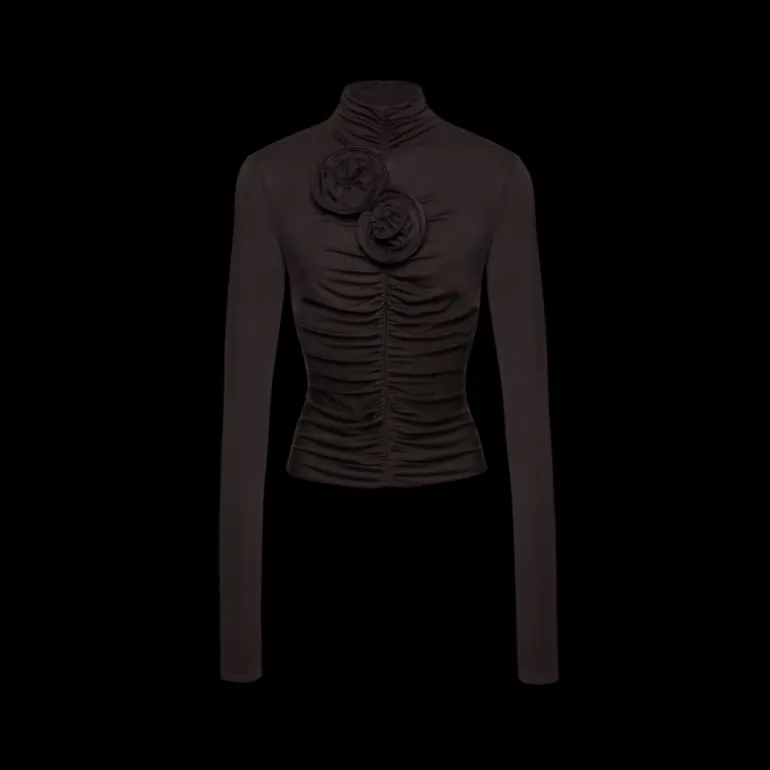 Top manches longues MAGDA BUTRYM col montant fleurs drapé marron foncé