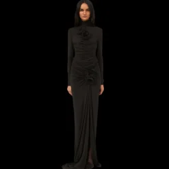 Top manches longues MAGDA BUTRYM col montant fleurs drapé marron foncé