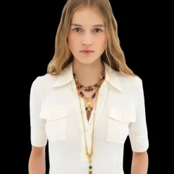 Top Polo CHLOE manche courte coton écru bouton nacre poches