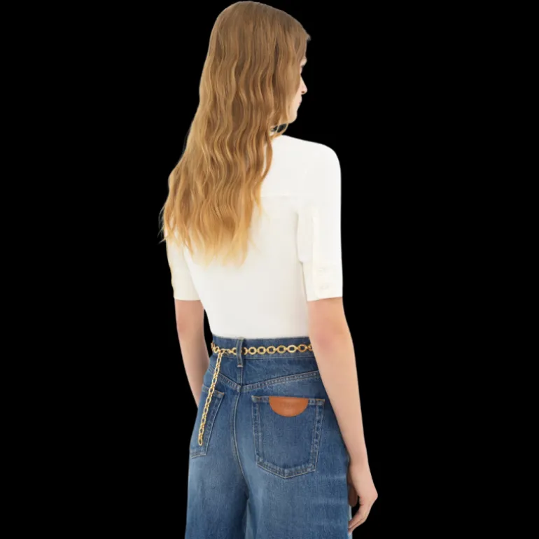 Top Polo CHLOE manche courte coton écru bouton nacre poches