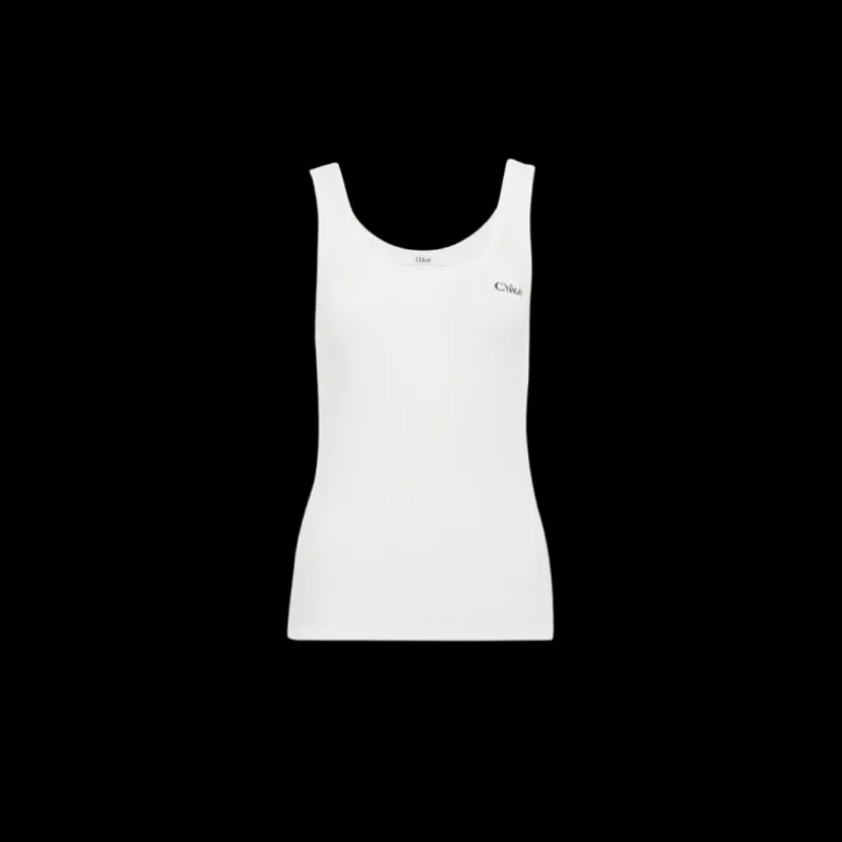 Top sans manches CHLOE jersey de coton côtelé blanc logo Chloé