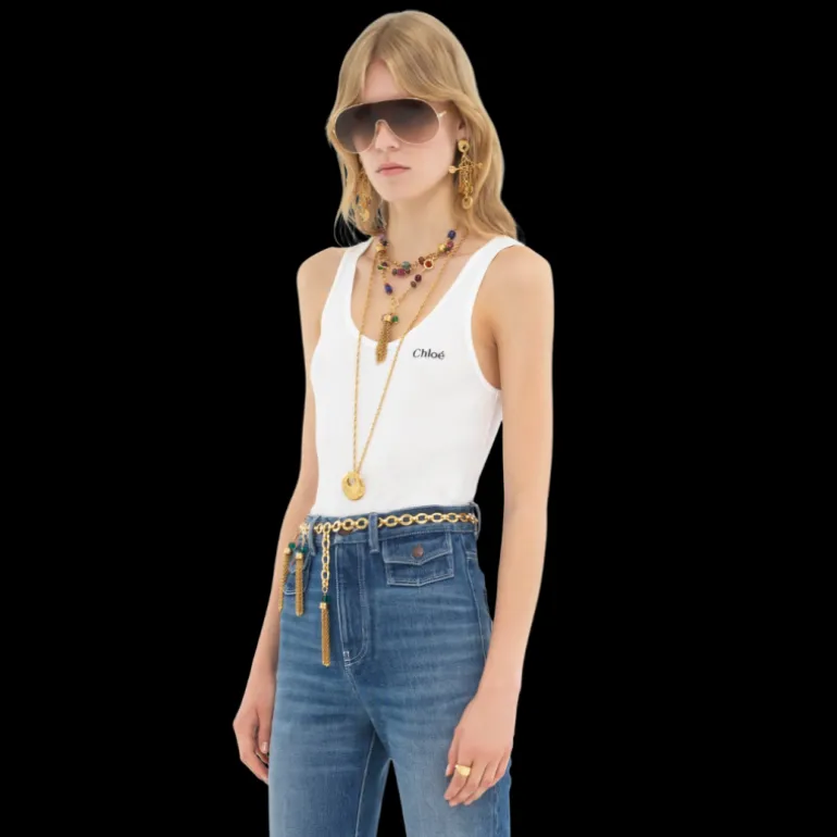 Top sans manches CHLOE jersey de coton côtelé blanc logo Chloé