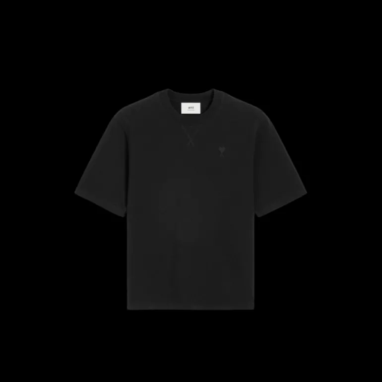 T-shirt AMI Paris col rond jersey de coton bio noir broderie cœur ton sur ton
