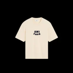 T-shirt AMI Paris col rond jersey de coton bio écru Patch ami maille bleu marine