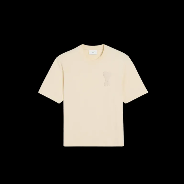 T-shirt AMI Paris col rond jersey de coton bio écru patch gros cœur maille