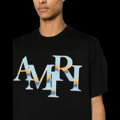 T-shirt AMIRI col rond Décalé Chrome coton noir logo bleu ciel dégradé