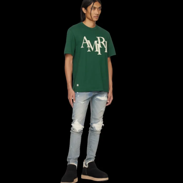 T-shirt AMIRI col rond jersey coton vert logo écru