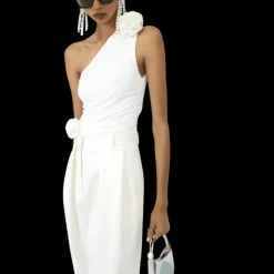 T-shirt asymétrique MAGDA BUTRYM lycra écru fleurs épaule