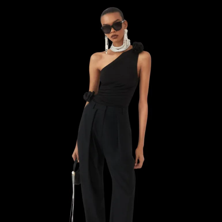 T-shirt asymétrique MAGDA BUTRYM lycra noir fleurs épaule