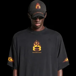T-Shirt BALENCIAGA Burning Unity Oversize jersey coton vintage noir flamme orange