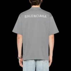 t-shirt BALENCIAGA col rond coton gris foncé logo réfléchissant