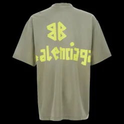 T-shirt BALENCIAGA col rond coton kaki clair logo scotch jaune