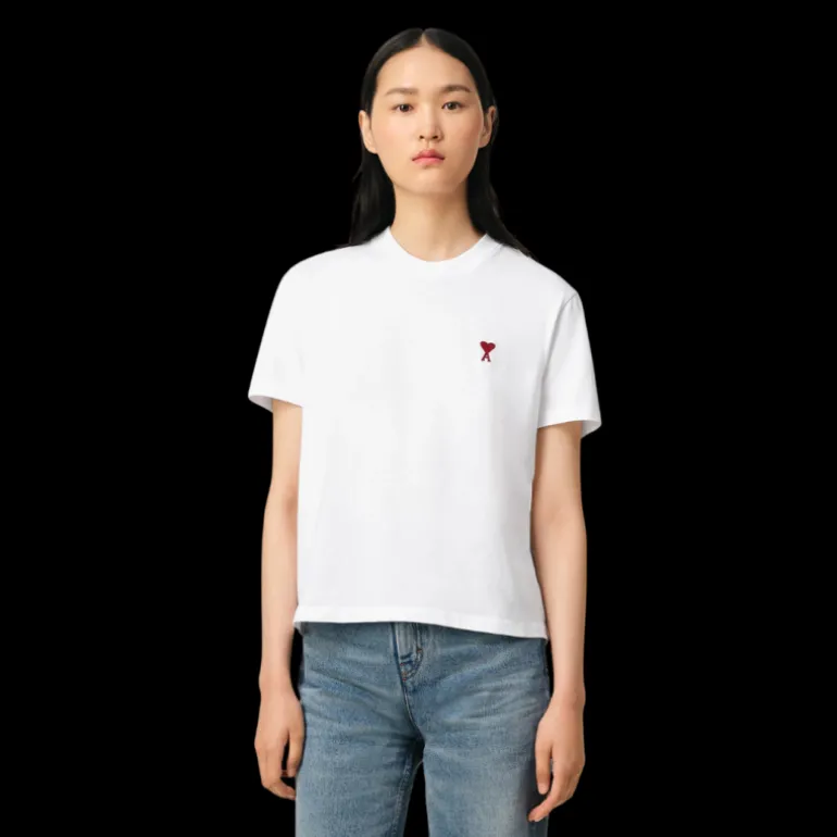 T-shirt col rond AMI Paris jersey coton bio blanc cœur rouge