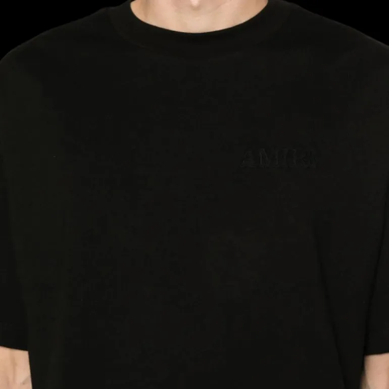 t-shirt col rond AMIRI coton noir logo brodé poitrine dos ton sur ton