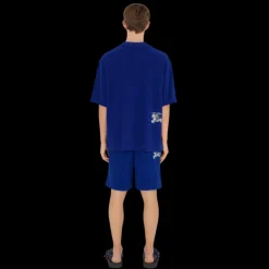 T-shirt col rond BURBERRY coton éponge bleu roi motif Equestrian Knight