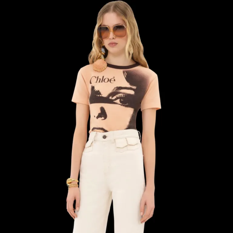 T-shirt col rond CHLOE ajusté piqué jersey coton orange imprimé portrait
