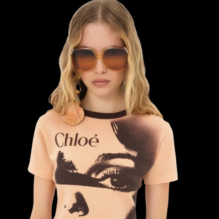 T-shirt col rond CHLOE ajusté piqué jersey coton orange imprimé portrait