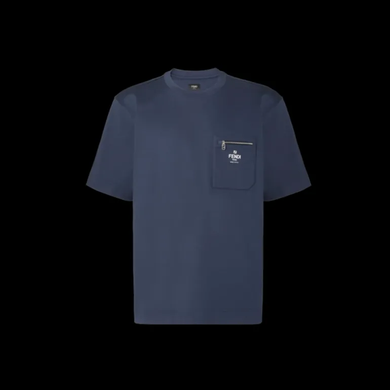 T-shirt col rond coton bleu marine poche zippée Fendi Blanc