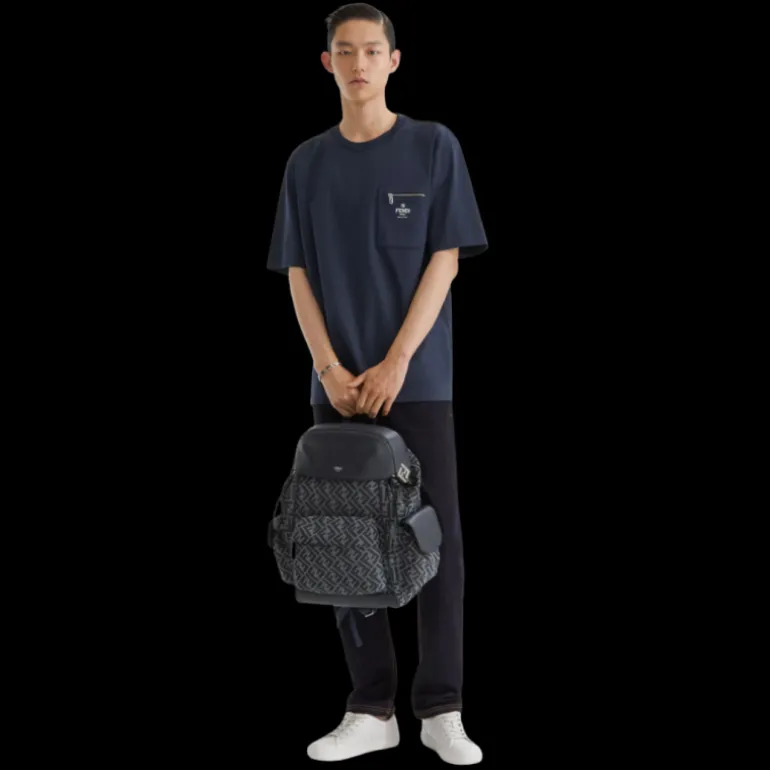 T-shirt col rond coton bleu marine poche zippée Fendi Blanc