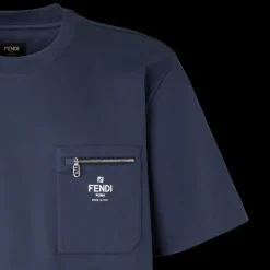 T-shirt col rond coton bleu marine poche zippée Fendi Blanc